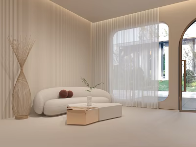 Modern Beauty Hair Salon Interior With Beige Sofa Woven Vase Arched Window And Outdoor View 3d model