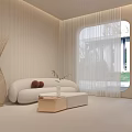 Modern Beauty Hair Salon Interior With Beige Sofa Woven Vase Arched Window And Outdoor View