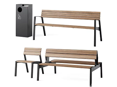 Public Benches And Chairs With Wooden Seats And Metal Frames For Outdoor Areas 3d model