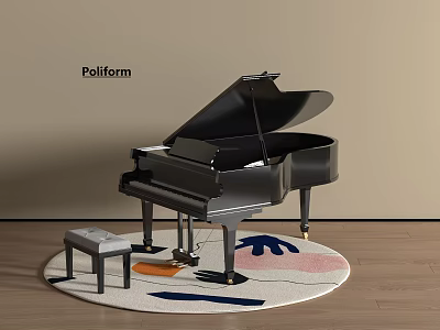 Piano Room With Black Grand Piano Small Stool Colorful Round Rug And Wooden Floor 3d model