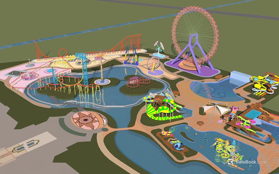 Vibrant Amusement Park With Ferris Wheel Roller Coaster Carousel Water Rides And Scenic Lakes 3d model 