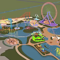 Vibrant Amusement Park With Ferris Wheel Roller Coaster Carousel Water Rides And Scenic Lakes