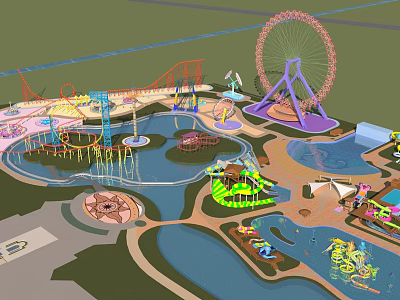 Vibrant Amusement Park With Ferris Wheel Roller Coaster Carousel Water Rides And Scenic Lakes 3d model