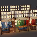 Traditional Street Stalls With Hanging Lanterns Wooden Framework And Colorful Chinese Signs