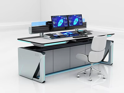 Modern Tech Inspired Office Desk With Dual Monitors White Chair And LED Lighting 3d model