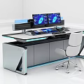 Modern Tech Inspired Office Desk With Dual Monitors White Chair And LED Lighting