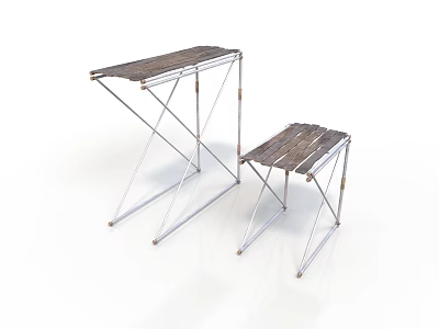 Two Simple Minimalist Tables With Metal Frames And Wooden Tops 3d model