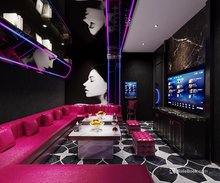 Modern KTV Interior With Pink Sofas Neon Lights Large Screen And Marble Decorations 3d model