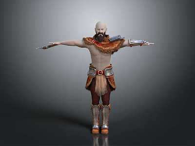 Bald Bearded Man With Bare Torso Wearing Fur And Leather Armor Standing With Arms Outstretched 3d model