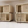 Light Colored Wooden Stacked Living Units With Ladders And Doors In White Interior