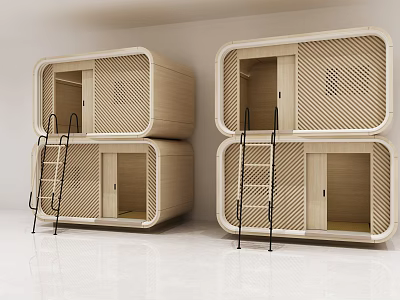 Light Colored Wooden Stacked Living Units With Ladders And Doors In White Interior 3d model