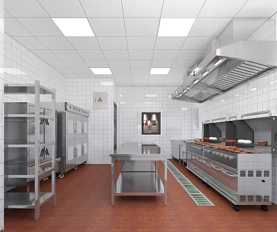 Commercial Kitchen Featuring Stainless Steel Appliances Range Hood Refrigerator And White Tiled Walls 3d model