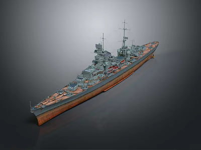 3D Warship Model Displaying Side View Gray and Orange Hull Multiple Gun Turrets and Superstructure 3d model