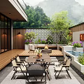 Modern Garden With Wooden Deck Dining Table Chairs Water Feature Lush Plants And Mountain View