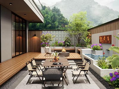 Modern Garden With Wooden Deck Dining Table Chairs Water Feature Lush Plants And Mountain View 3d model