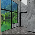 Modern Elevator Lobby With Marble Walls Large Windows And Lake Mountain View 3d model
