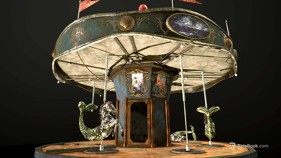 Vintage Carousel Ride With Decorative Canopy And Seahorse Shaped Seats 3d model 