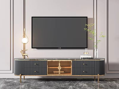 Modern TV Stand With Gold Accents Drawers Cabinets TV Lamp Deer Decor Books And Plant 3d model