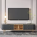 Modern TV Stand With Gold Accents Drawers Cabinets TV Lamp Deer Decor Books And Plant