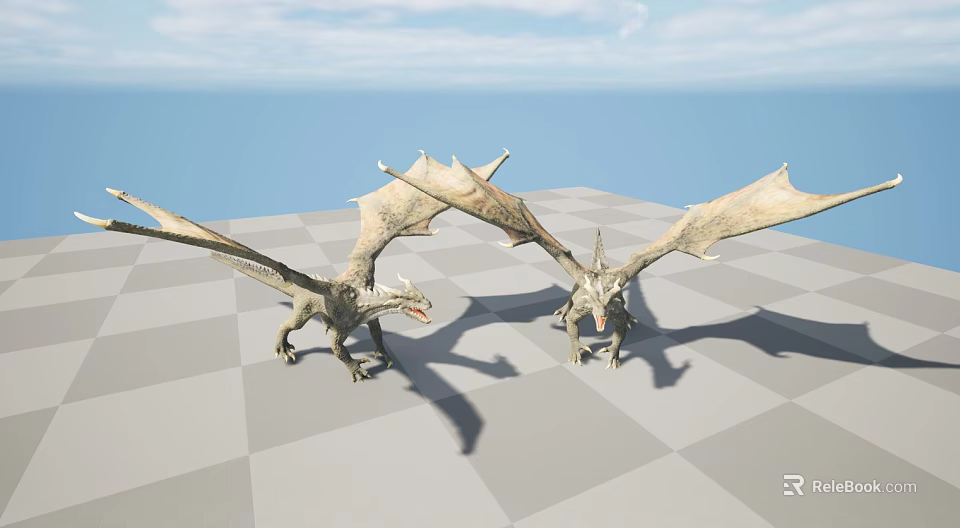 Two Dragon Models Standing On Checkerboard Floor With Blue Sky And Ocean 3d model