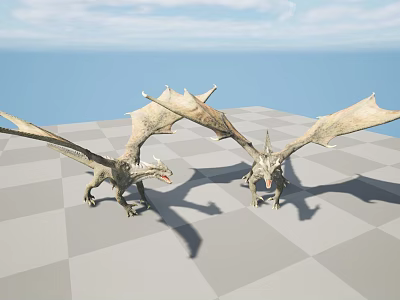 Two Dragon Models Standing On Checkerboard Floor With Blue Sky And Ocean 3d model