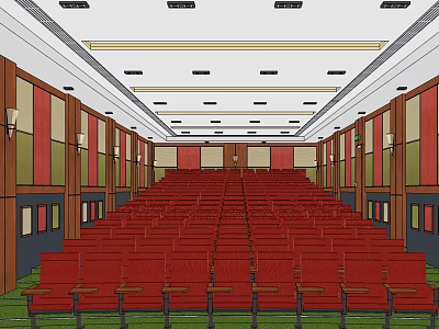 Spacious Conference Room Interior With Rows of Red Seats and Wooden Panel Walls 3d model