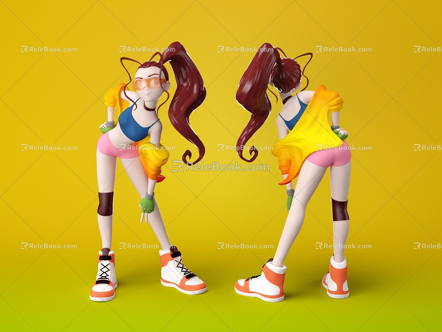 Cartoon girl woman beauty long ponytail akimbo sexy sunglasses animated character cool 3d model