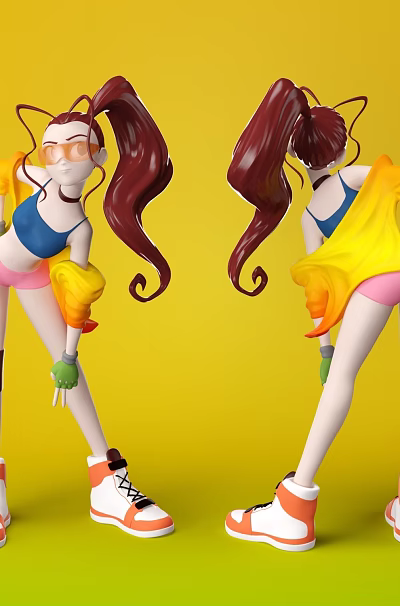 Cartoon Woman In Sporty Outfit With Long Pigtails Yellow Jacket Blue Top Pink Shorts Sneakers 3d model