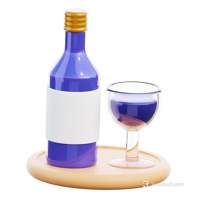 Blue Beverage Bottle Golden Cap White Label and Glass of Blue Liquid on Light Tray 3d model 