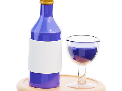 Blue Beverage Bottle Golden Cap White Label and Glass of Blue Liquid on Light Tray 3d model