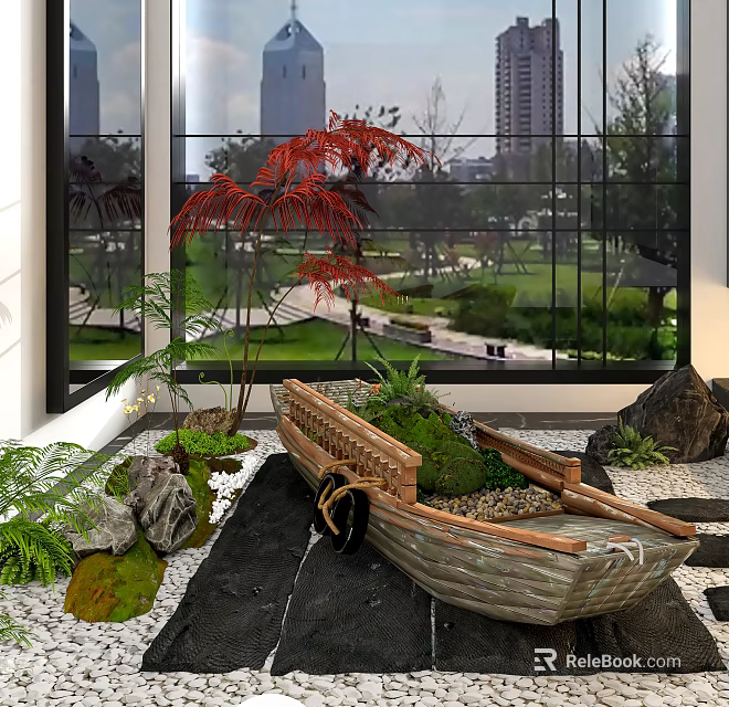 Indoor Landscape Design With Wooden Boat Decoration Green Plants Stones And City View Through Large Window 3d model 