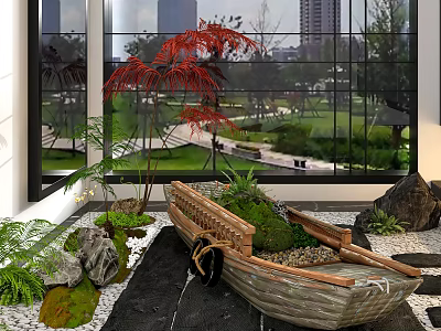 Indoor Landscape Design With Wooden Boat Decoration Green Plants Stones And City View Through Large Window 3d model