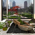 Indoor Landscape Design With Wooden Boat Decoration Green Plants Stones And City View Through Large Window