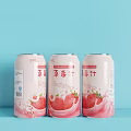 Three Cans of Refreshing Strawberry Juice with Pink Label and Light Blue Background
