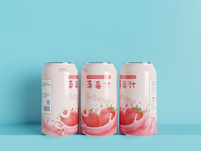Three Cans of Refreshing Strawberry Juice with Pink Label and Light Blue Background 3d model