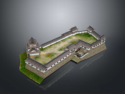 3D Model of Traditional Japanese Castle Featuring Stone Walls Towers and Green Courtyard 3d model