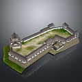 3D Model of Traditional Japanese Castle Featuring Stone Walls Towers and Green Courtyard