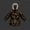 Brown Distressed Leather Parka With Fur Lined Hood Pockets And Drawstring 3d model