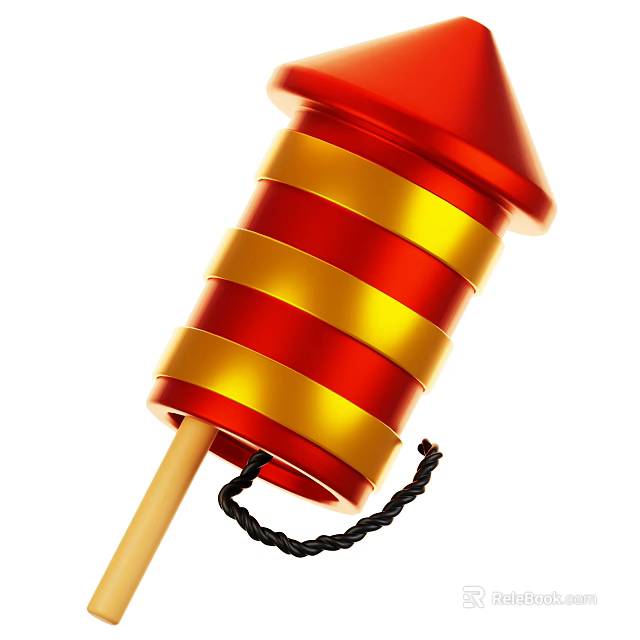 Red And Gold Striped Firecracker Shaped Decorative Ornament Set With Wooden Handle And Black Fuse 3d model 