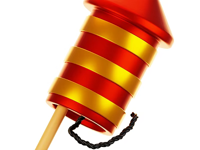 Red And Gold Striped Firecracker Shaped Decorative Ornament Set With Wooden Handle And Black Fuse 3d model
