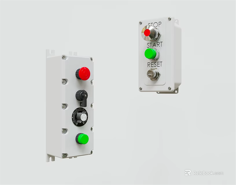 Industrial Switch Panels with Red Green Black Buttons Knobs and STOP START RESET Labels 3d model 
