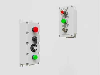 Industrial Switch Panels with Red Green Black Buttons Knobs and STOP START RESET Labels 3d model