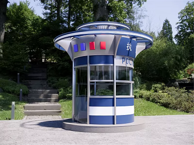 Blue And White Police Booth In Outdoor Area With Trees And Steps 3d model