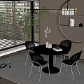 Round Black Dining Table Set With Four Chairs And Circular Shelf In Modern Room