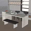 Modern Dining Table Set With Bench Chairs Plant Hanging Light And Fireplace 3d model