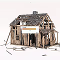 Dilapidated Wooden House Structure With Collapsed Roof And Scattered Planks