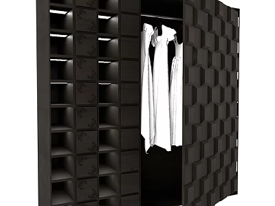 Modern Wardrobe Interior Design With Black Shelves And Hanging White Clothes 3d model