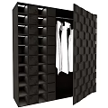 Modern Wardrobe Interior Design With Black Shelves And Hanging White Clothes
