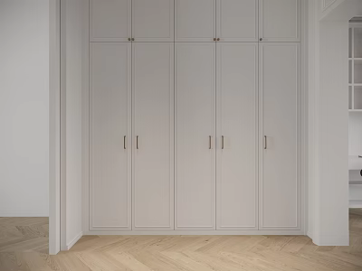 Modern Minimalist White Wardrobe With Six Panel Doors And Brass Handles On Herringbone Wooden Floor 3d model