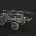 Military Wheeled Artillery Vehicle With Long Cannon And Green Camouflage Body